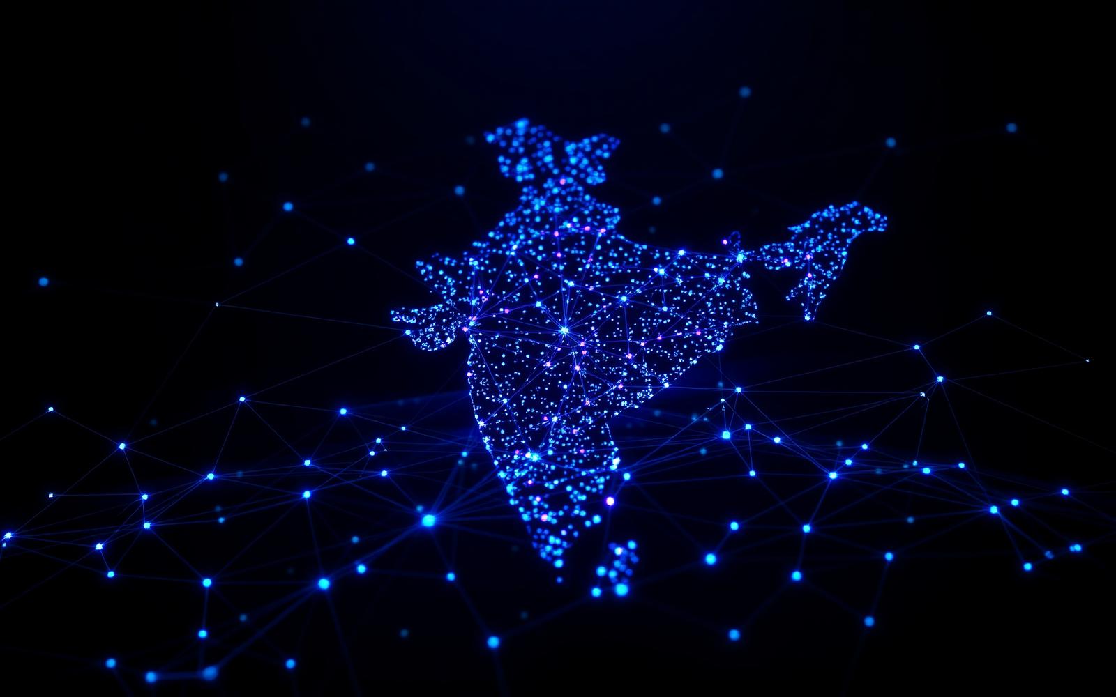 Illustration of a glowing blockchain network across a map of India